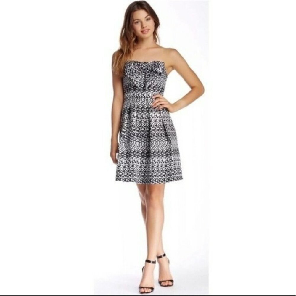 Eva Franco Anthropologie Sz 6 Silver Black Metallic Strapless Bow Flare Dress